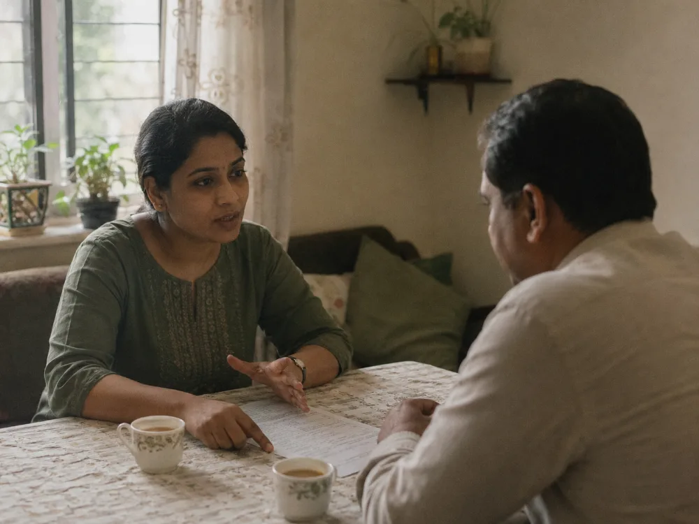 A health coach talking a client through a printed report across a kitchen table