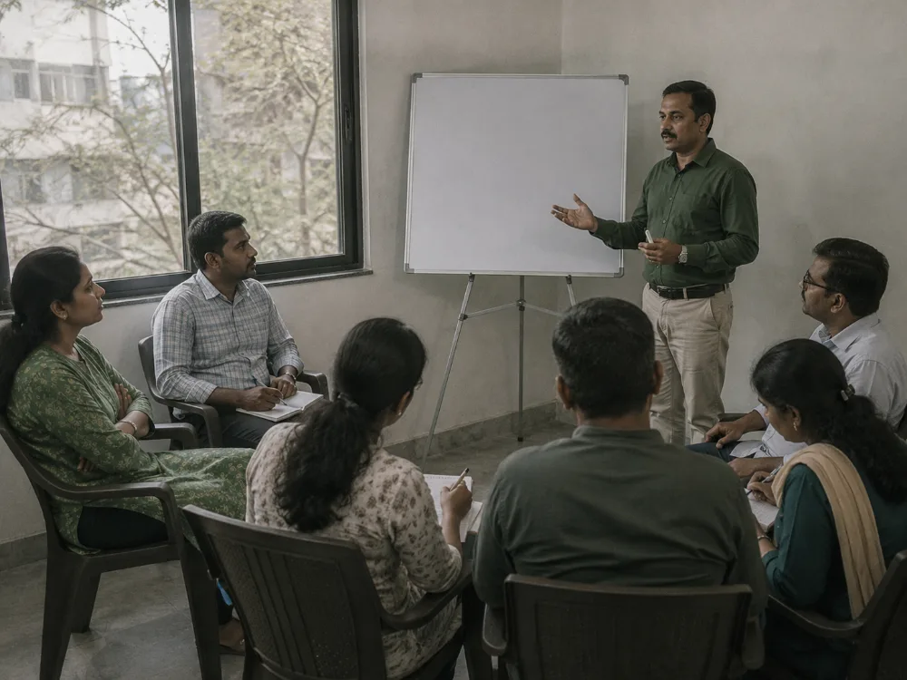 A team leader running a session for a small group in a plain meeting room