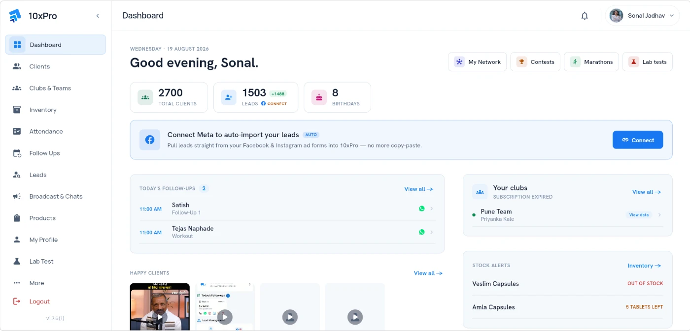 The 10xPro web dashboard: clients, clubs and teams, network, inventory, leads and follow-ups
